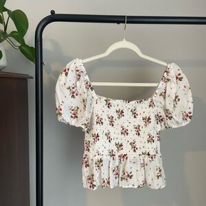 J. Crew White Floral Puff Sleeve Blouse